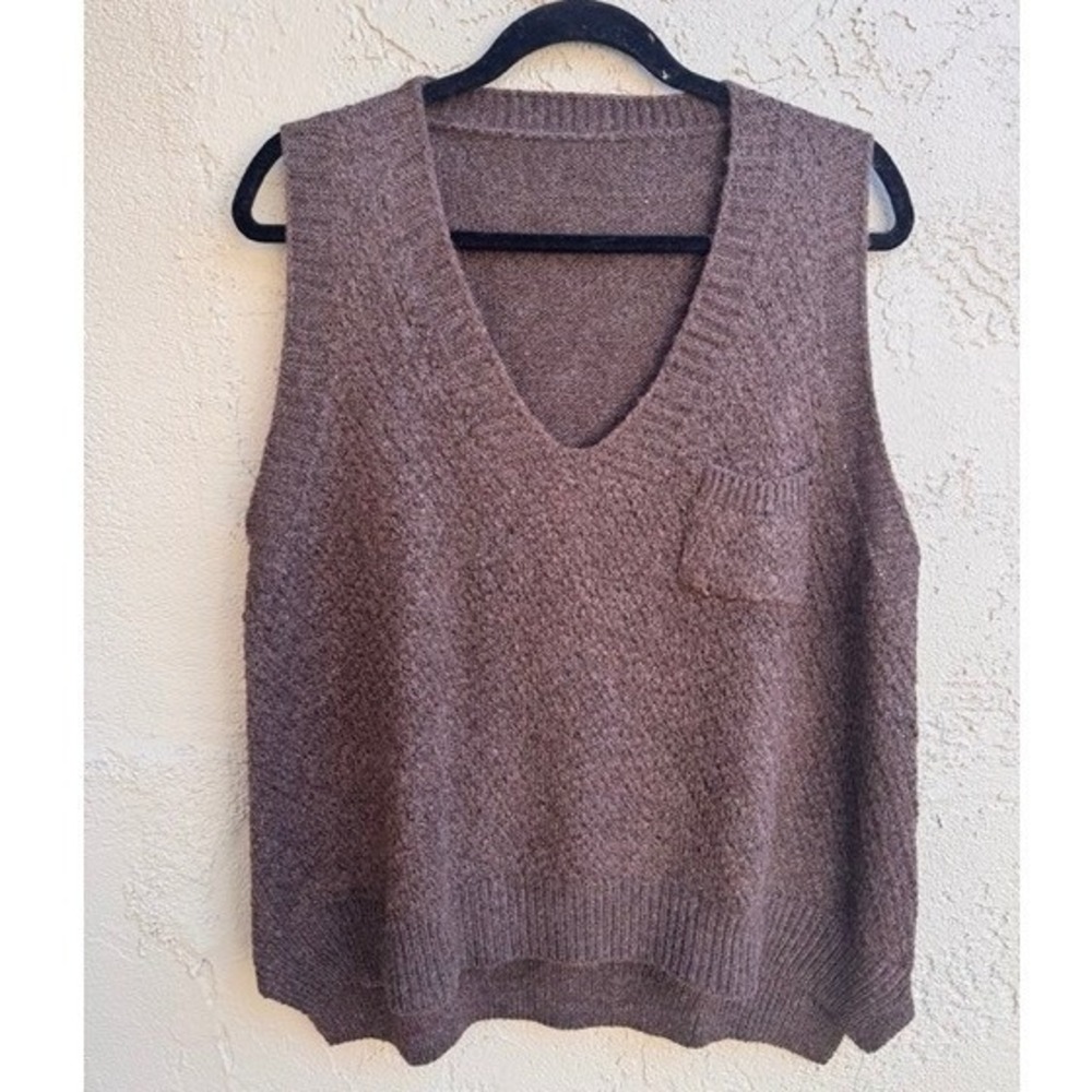 Womens Brown Knit V-Neck Sweater Vest Sleeveless Pocket XL Academia Layering